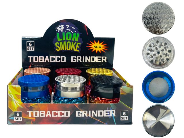 LION SMOKE 4 PARTS TOBACCO GRINDER COLORFUL PATTERN DESIGN #LS44224 BOX OF 6