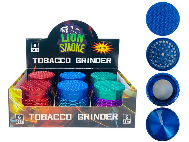 LION SMOKE 4 PARTS TOBACCO GRINDER BASKET PATTERN DESIGN #LS44231 BOX OF 6