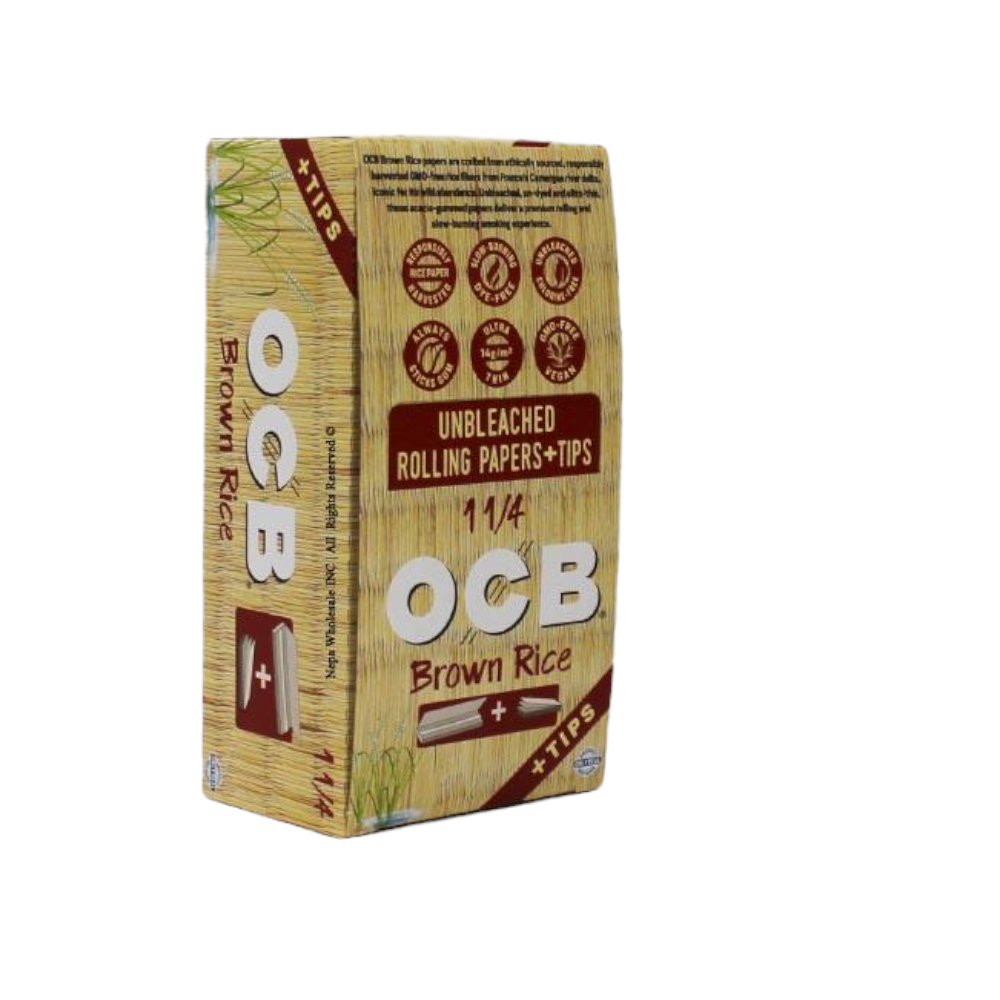 OCB BROWN RICE 1 1/4 UNBLEACHED ROLLING PAPERS + TIPS BOX OF 24