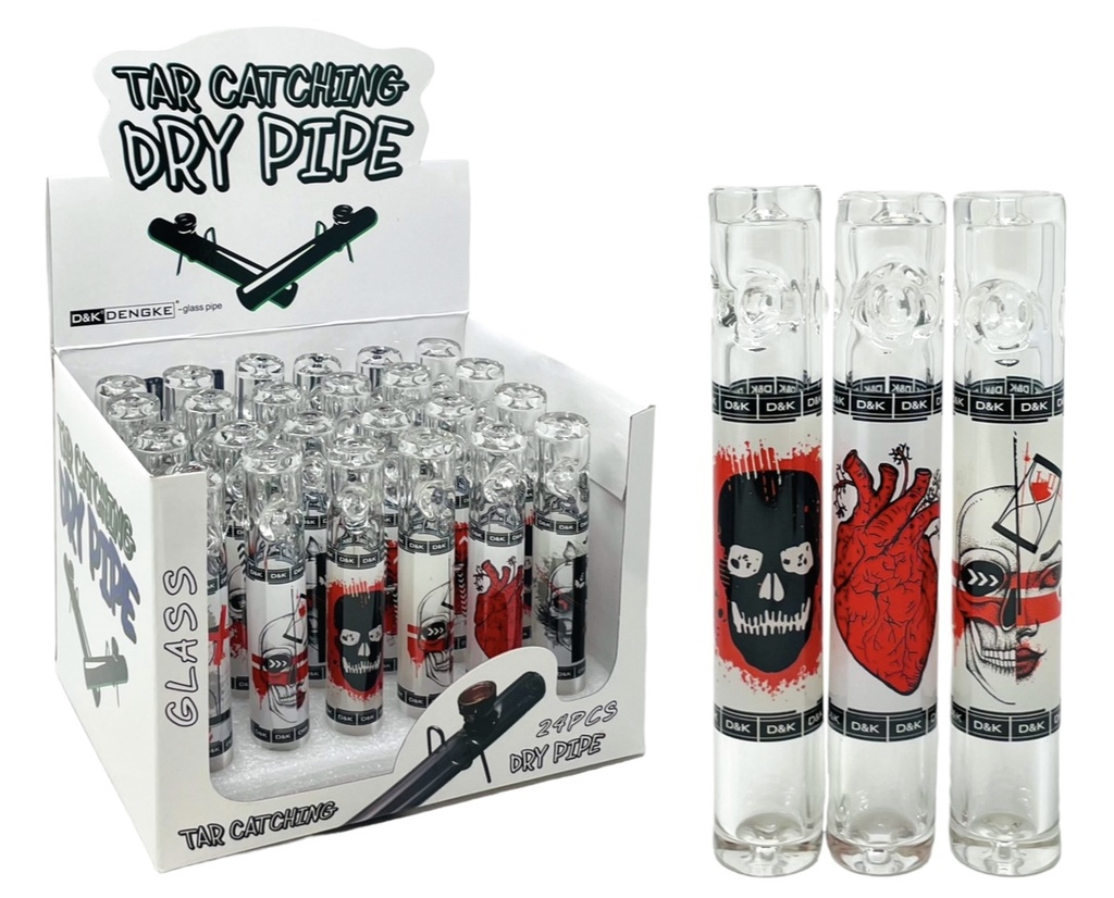 D&K DENGKE GLASS TAR CATCHING DRY PIPE #DK8374 ASSORTED DESIGNS BOX OF 24