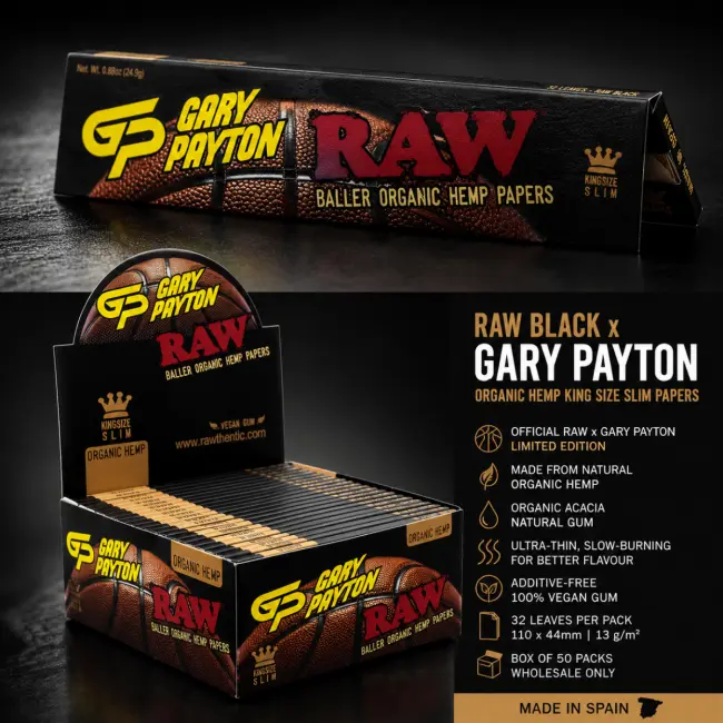 RAW[GARY PAYTON] BLACK KING-SIZE SLIM (ORGANIC HEMP) 32 LEAVES/PCK 50/BOX