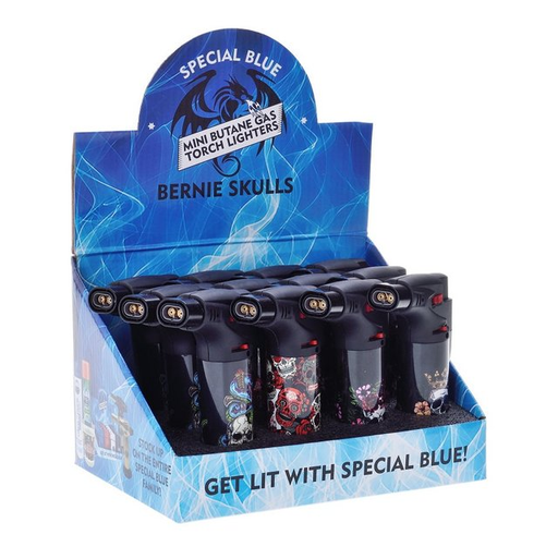 [ITM230620010225] SPECIAL BLUE BERNIE SKULLS BUTANE TORCH LIGHTERS #LT125 BOX OF 12