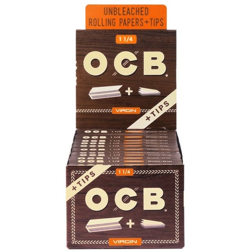 [ITM23062088428842] OCB VIRGIN 1.25 UNBLEACHED ROLLING PAPERS + TIPS BOX OF 24