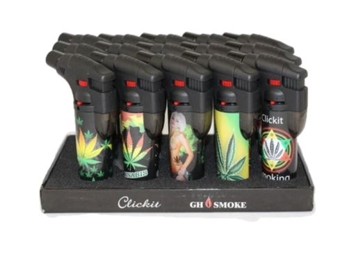 [ITMVAR01] CLICKIT SINGLE TORCH LIGHTERS ASSORTED DESIGNS GH-10873 BOX OF 15